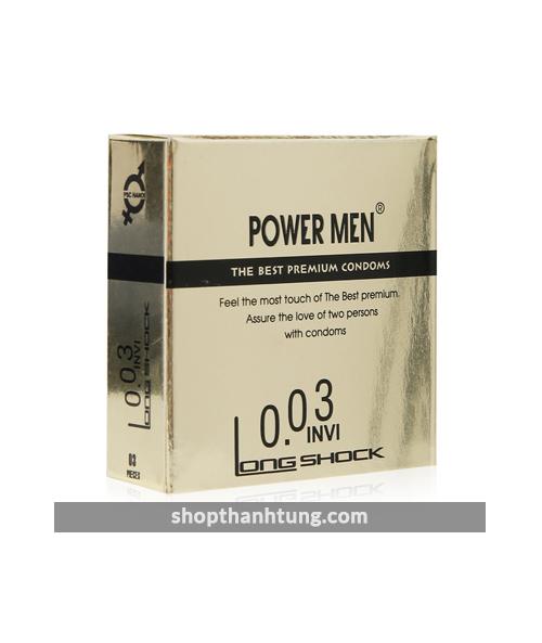 Bao cao su Power Men 0.03 Invi Long Shock – Hộp 3 chiếc, cao cấp, siêu mỏng chỉ 0.03mm, kéo dài quan hệ