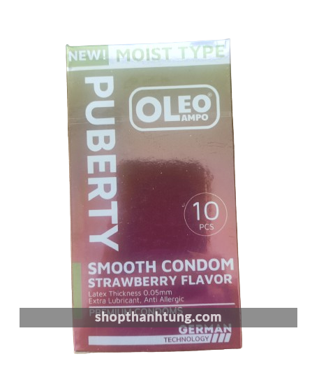 Bao cao su Oleo Lampo Puberty_strawberry 0.05 gel bôi trơn hương dâu hộp 10c